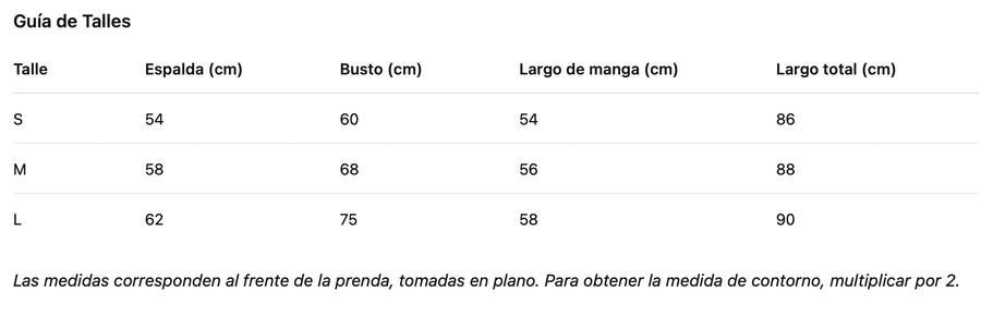 Guía de talles de Vestido Sintra