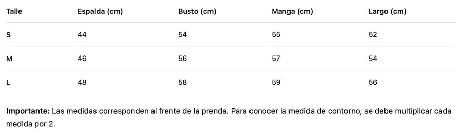 Guía de talles de Camisa Veldemosa