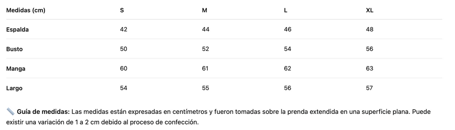 Guía de talles de Blusa Giardinni