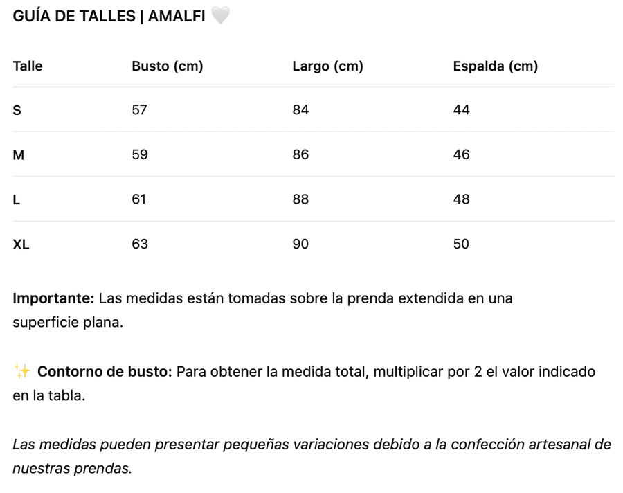 Guía de talles de Vestido Alicante